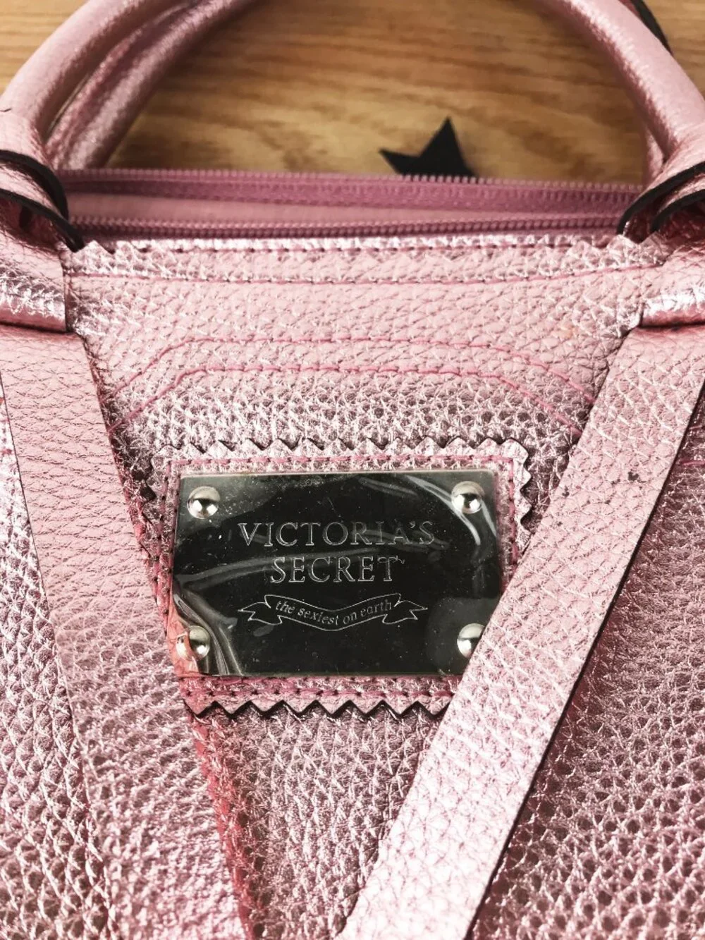 Victoria’s Secret Metallic Pink Tote Bag – Pebbled Faux Leather with Logo Plaque
